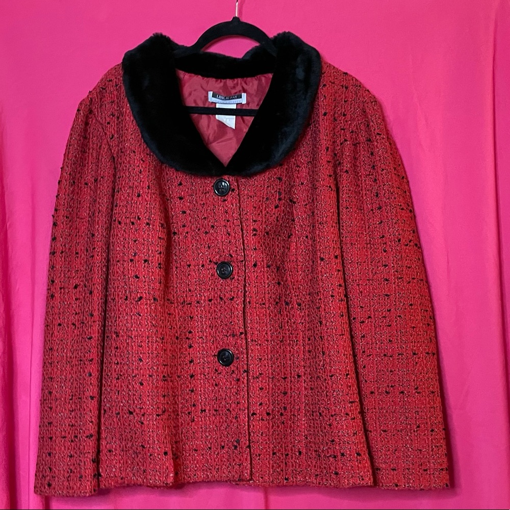 Leslie Faye tweed black and red fur collard Coat